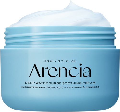 Blauer Cremetopf mit weißer Creme oben, heißt Arencia, pflegt die Haut mit Feuchtigkeit und Beruhigung.