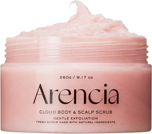 Ein rosa Gefäß mit Arencia Körper- und Kopfhautpeeling mit sanfter Peeling im Inneren. Es steht für sanfte Exfoliation und natürliche Zutaten.