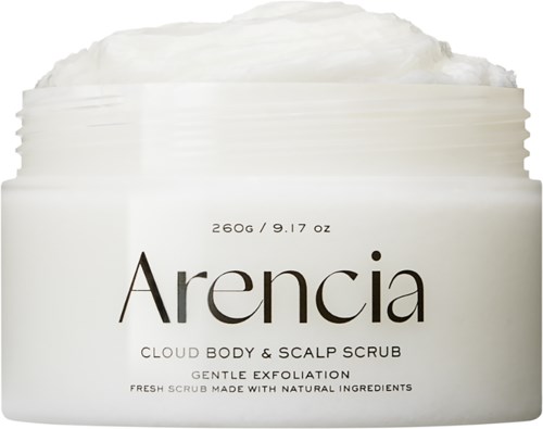 Ein weißer Behälter mit schwarzen Text, zeigt Arencia cloud body und scalp scrub, mit weichem weißen Scrub im Inneren.
