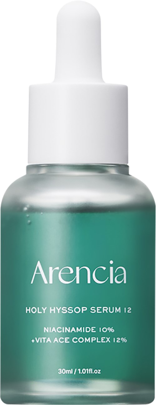 Eine kleine Glasflasche mit Pipette, gekennzeichnet Arencia Holy Hyssop Serum 12, enthält eine blaugrüne Flüssigkeit.