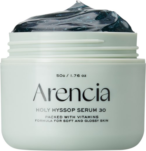 Ein weißer Behälter mit schwarzer Gelcreme. Beschriftet Arencia Holy Hyssop Serum 30 mit Vitamindetails.