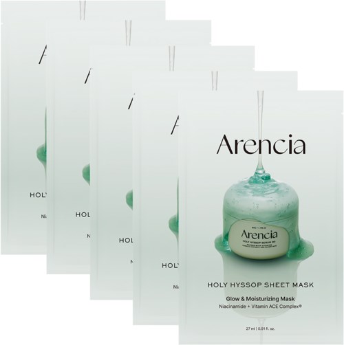 Fünf Packungen Arencia HOLY HYSSOP SHEET MASK mit grüner Maske in jeder Packung.