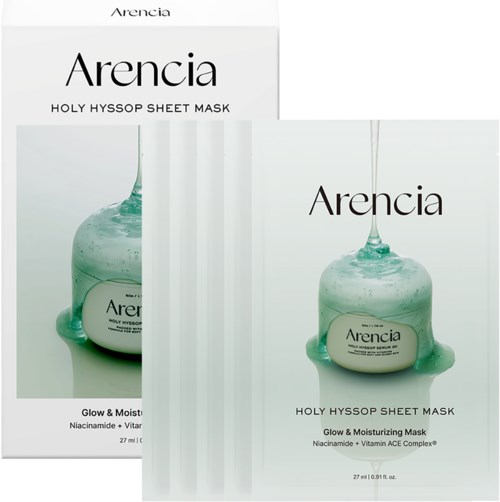 Zwei Gesichtsmasken Pakete mit grünem Gel, genannt Arencia Holy Hyssop Sheet Mask, für Glanz und Feuchtigkeit.