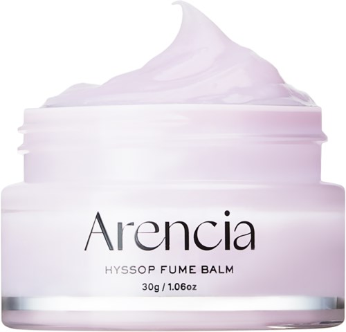 Ein Behälter mit rosa-weißem Balsam und einem Locken auf der Spitze, etikettiert Arencia Fume Balm, 30g.