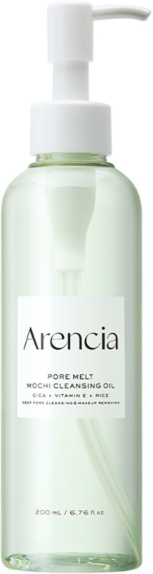 Eine klare Flasche mit Pumpe enthält Arencia pore melt Reinigungsöl für die Hautreinigung. Es sind 200 ml.