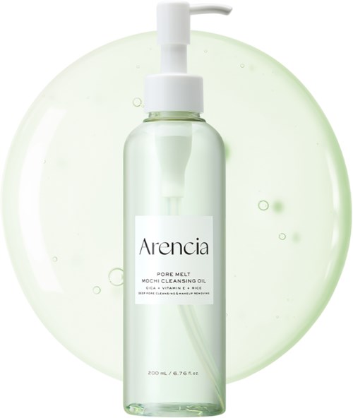 Eine klare Flasche mit Pumpe enthält Arencia Pore Melt Reinigungsöl. Der Hintergrund zeigt eine leichte, gelartige Substanz.