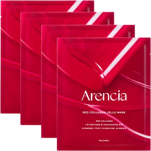 Vier rote Maskenpakete mit weißen und schwarzen Texten, erwähnen rotes Kollagen, Peptide, Niacinamide und Hydratation.