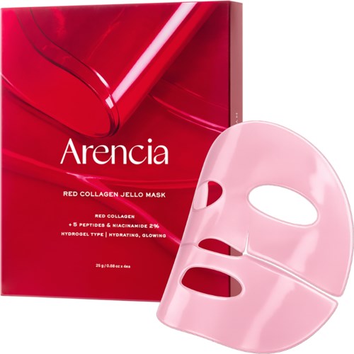 Eine rosa Gesichtsmasken mit Ausschnitten neben einer roten Box mit der Aufschrift Arencia Red Collagen Jello Mask.