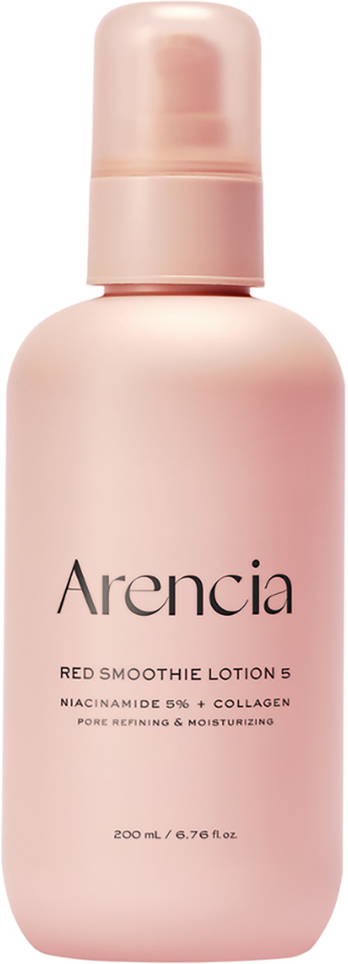 Hellrosa Flasche mit Pumpe, mit Arencia Red Smoothie Lotion 5, für Abend- und feuchtigkeitsspendende Haut.