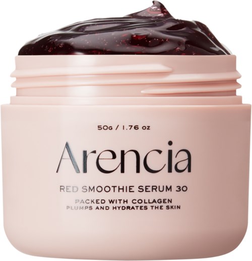 Hellrosa Dose mit dunkler Kirschcreme oben. Labels: Arencia, Red Smoothie Serum, Kollagen, spendet Feuchtigkeit.