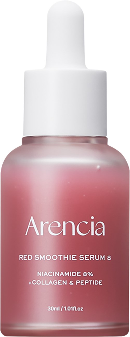 Eine rosa Flasche mit Arencia Red Smoothie Serum 8 und weißer Pipettelupe, enthält Hautpflegeingredienser.
