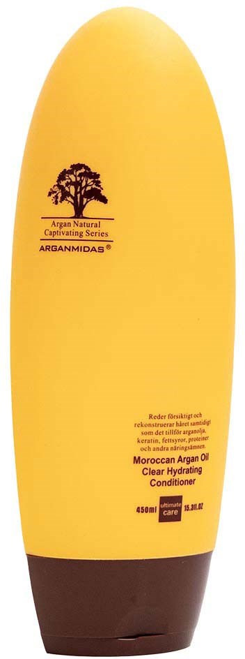 Gelbe Flasche mit braunem Deckel, enthält marokkanisches Arganöl-Spülung, beschriftet mit schwarzem Text und Baum-Logo.