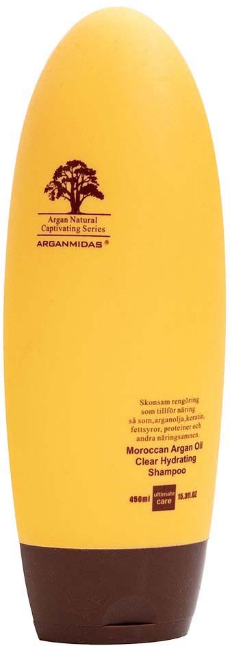 Keltainen shampoopullo, jossa on ruskea korkki, merkitty marokkolaisella arganöljylla ja tuotetiedoilla.