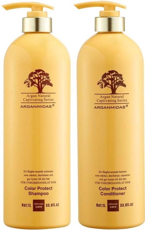 Zwei gelbe Flaschen mit Pumpen, beschriftet als Shampoo und Conditioner, Teil der Argan Midas Farbschutzserie.
