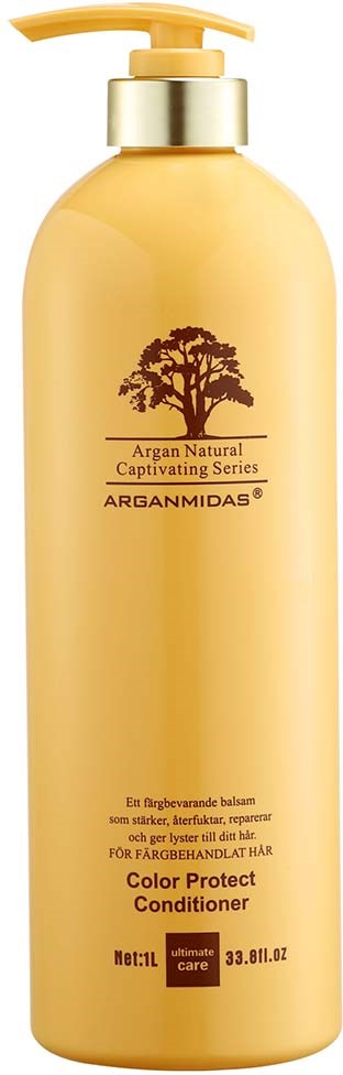 Eine gelbe Flasche mit Pumpe, beschriftet 'Argan Natural' und 'Color Protect Conditioner' für Haar. Schaumform.
