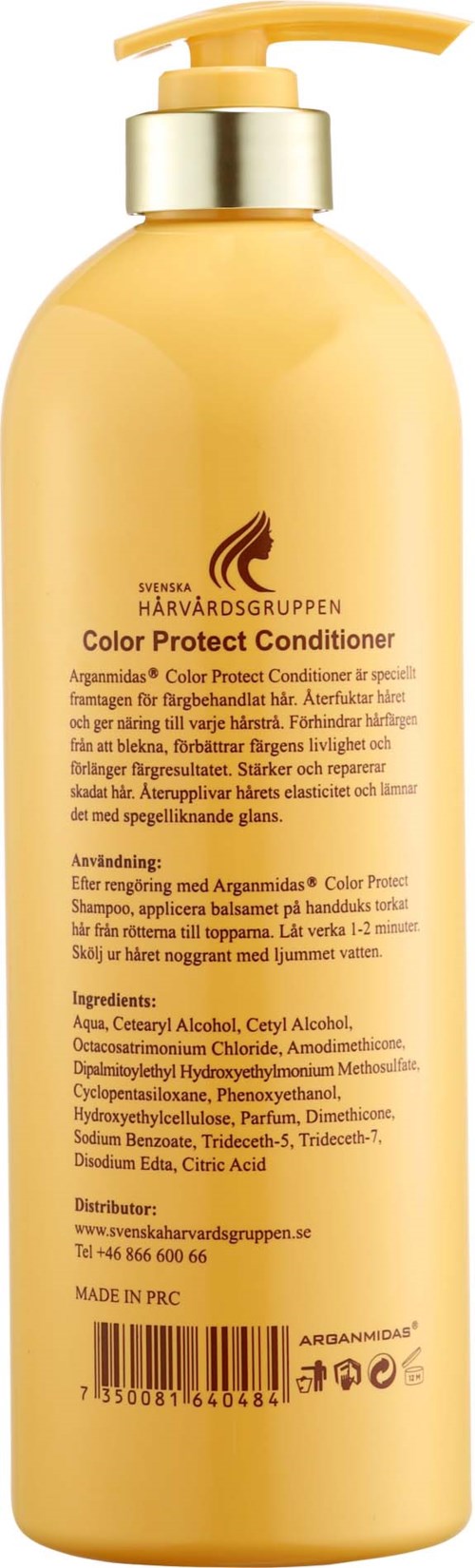 Eine gelbe Flasche mit Conditioner und Pumpkopf, Etikett mit Produktdetails.