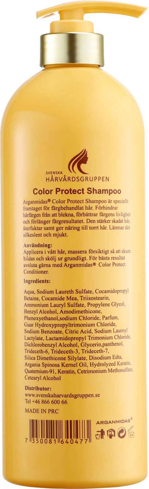 Eine gelbe Flasche mit Pumpe, gekennzeichnet als Color Protect Shampoo, enthält Anweisungen und Inhaltsstoffliste in Schwarz. Der obere Rand ist goldfarben.