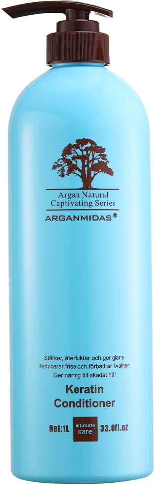 Eine hellblaue Spenderflasche mit dunklem braunem Pumpen und Baumlogo, beschriftet 'Keratin Conditioner' mit kleineren Details.