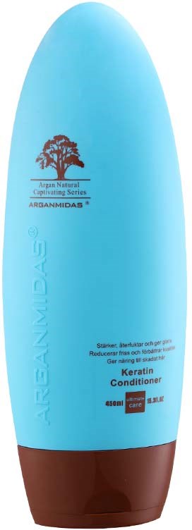 Blauere Flasche mit braunem Deckel, gekennzeichnet als Keratin-Conditioner, mit Baumlogo und Produktdetails.