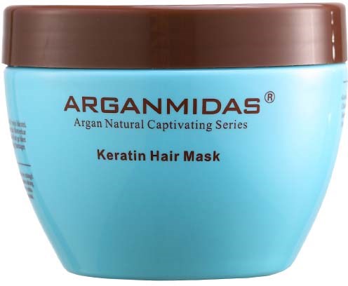 Ein blauer Behälter mit Argarnidas Keratin Haarmaske und braunem Deckel.