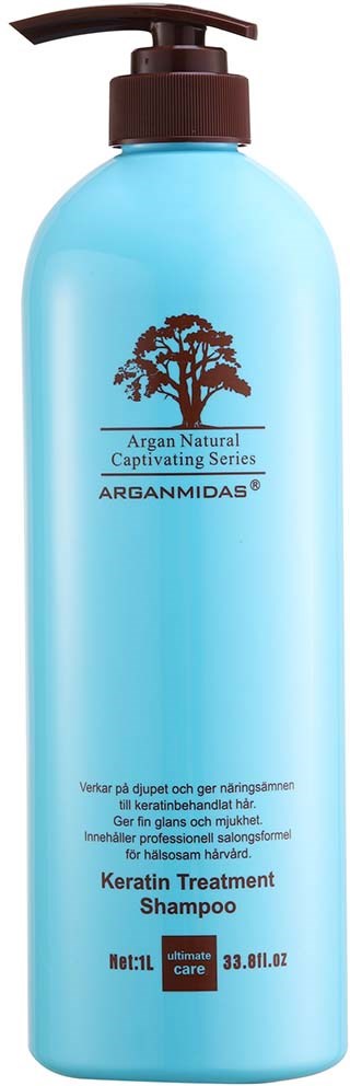 Eine hellblaue Flasche mit braunem Pumpen, beschriftet Arganmidas Keratin Treatment Shampoo, enthält Text und einen Baum-Logo.