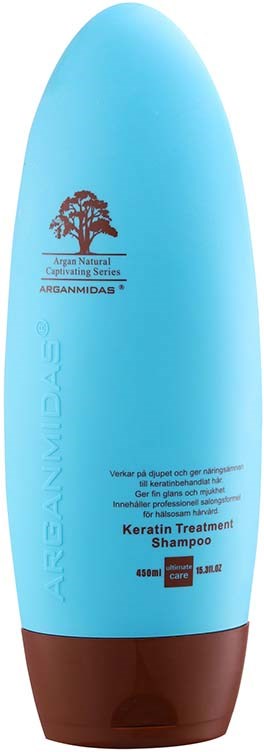 Blaue Shampoo-Flasche mit brauner Kappe, als Keratin Treatment Shampoo bezeichnet, aus der Argamidas-Serie, für Haarpflege.
