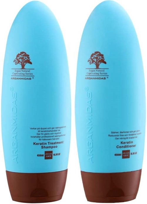 Zwei blaue Haarpflegeflaschen, eine als Shampoo und die andere als Conditioner, beide mit braunen Deckeln und ähnlichem Design.