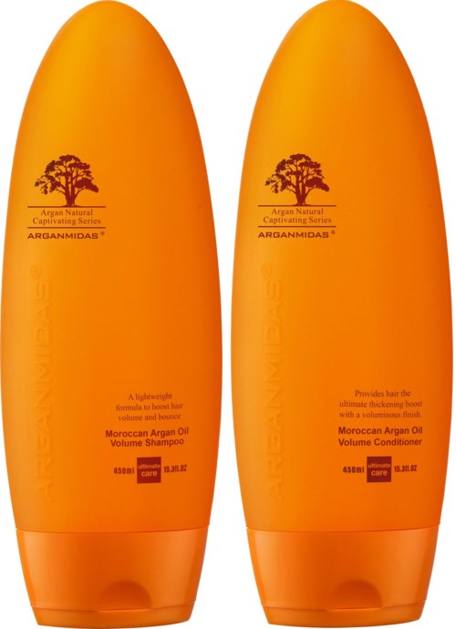 Zwei orangefarbene Flaschen mit schwarzem und weißem Text, gekennzeichnet als marokkanisches Arganöl Shampoo und Conditioner.