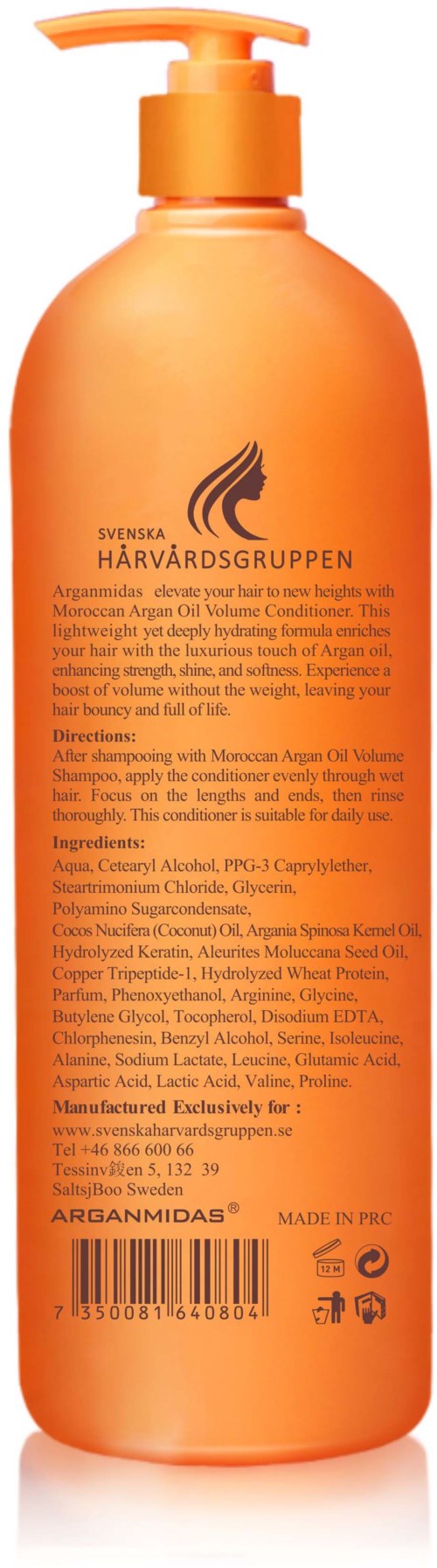 Eine große orangefarbene Flasche mit Pumpe, Etikett mit schwarzem Logo und Text, vermutlich Shampoo oder Conditioner.