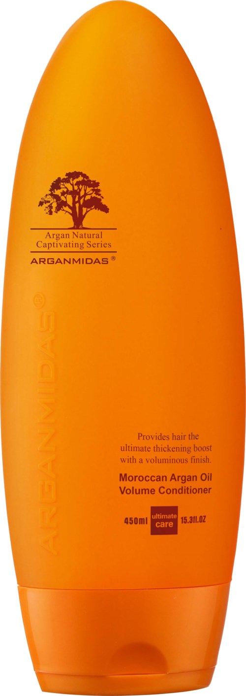 Eine leuchtend orangefarbene Flasche mit Arganöl-Conditioner, Baum-Logo und Produktdetails in Schwarz und Rot.