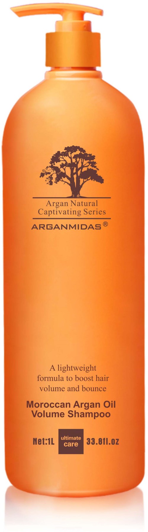 Eine orangefarbene Flasche mit Moroccan Argan Oil Volume Shampoo und Pump, mit Baumlogo und Produktdetails.