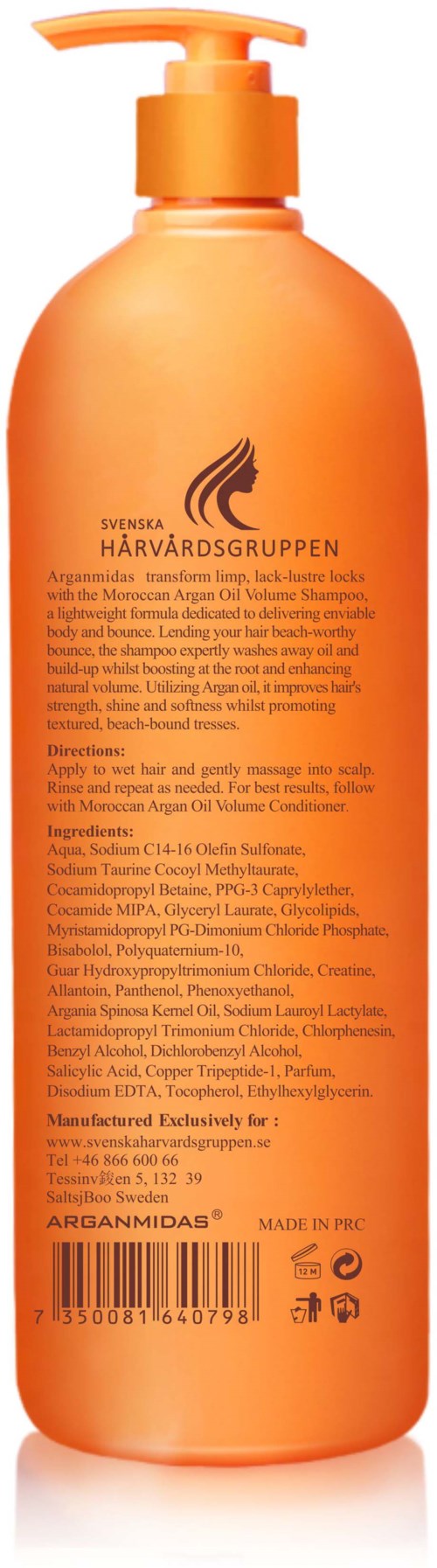 Orangene Flasche mit Pumpe, enthält Haarpflegeprodukt von Svenska Hårvårdsgruppen, mit Text zu Verwendung und Inhaltsstoffen.