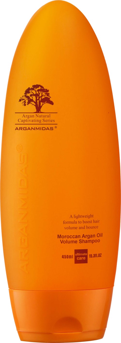 Orangene Shampoo-Flasche mit Baumlogo, Produktdetails für marokkanisches Arganöl Volumen Shampoo.