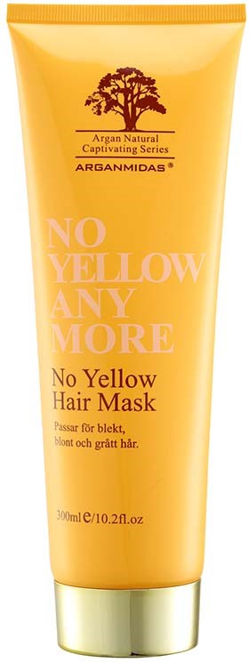 Gelber Tube mit Baumlogo, bezeichnet als No Yellow Hair Mask für Bleichung, blondes und rotes Haar.