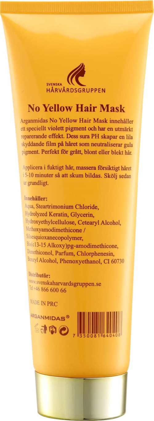 Eine gelbe Tube mit der Aufschrift "No Yellow Hair Mask" und Text auf Schwedisch, enthält Haarpflegezutaten und Anweisungen.