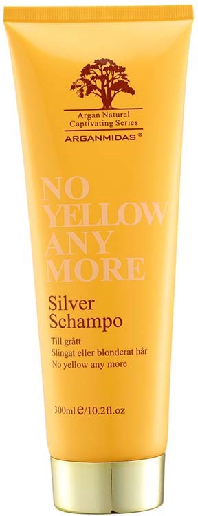 Keltainen puteli, jossa lukee 'No Yellow Any More' hiustenshampoolle, 300 ml. Kuvassa on puu-logo ja tuotemerkki.