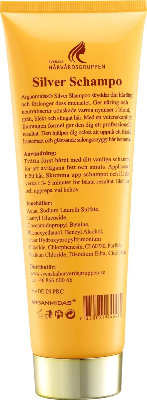 Keltainen putkilopakkaus Silver Shampoolle, jossa on punainen ja musta teksti ja hevosenpäälä logo yläosassa.