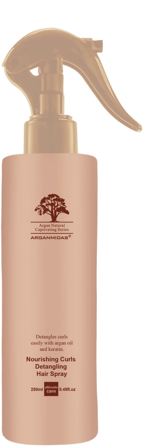 A pink spray bottle with a brown tree logo, labeled for hair detangling and nourishing curls.