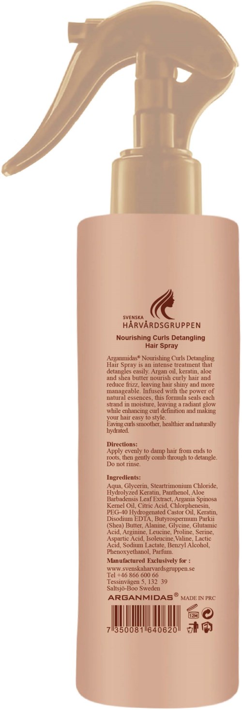 A pink spray bottle with a nozzle, containing hair care product with text and logo on the label.