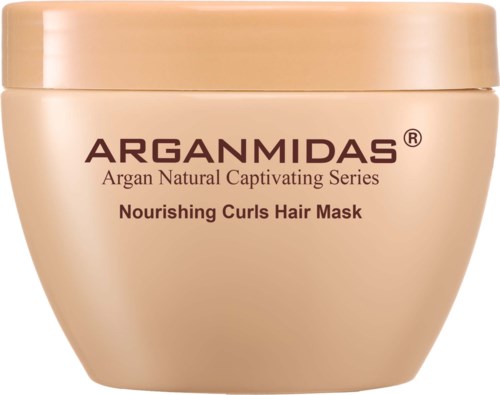 Beigeä purkki Arganidas Nourishing Curls Hair Mask -sarjasta.