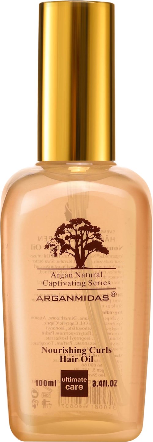 Eine Flasche Haaröl mit goldenem Deckel und einem Etikett mit einem Baum, namens Arganmidis, für pflegende Locken.