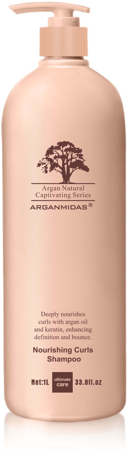 Eine rosa Flasche mit nährender Locken-Shampoo mit Pumpe, beschriftet mit Arganöl für Haarpflege.