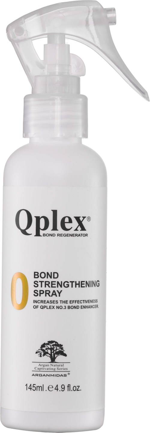 Eine weiße Sprühflasche mit Aufdruck Qplex Bond Strengthening Spray und einer oberen Sprühpistole. Text erwähnt Verbesserung der Bindung.