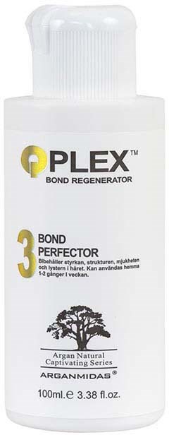 En vit flaska märkt 'Plex Bond Regenerator' med en bild av ett träd och text om att reparera hårband.
