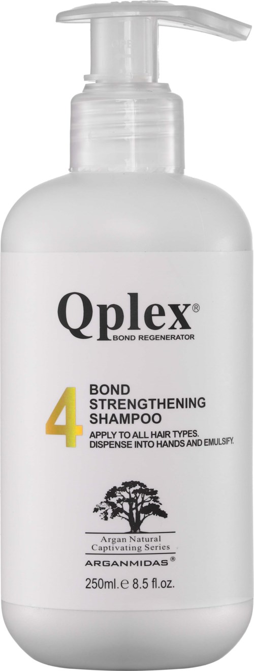 Valkoinen pullo Qplex Bond Strengthening Shampooa pumpulla, sopii kaikille hiustyypeille, sisältää arganöljyä.