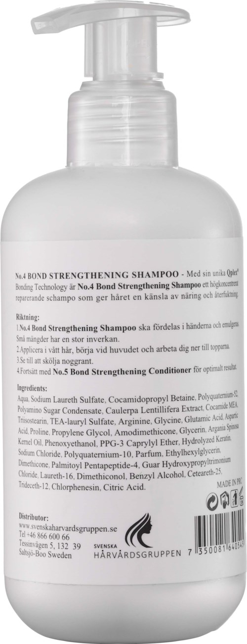 Valkoinen pullo pumpulla, merkitty vahvistavaksi shampooksi, sisältää ainesosia ja ohjeet.