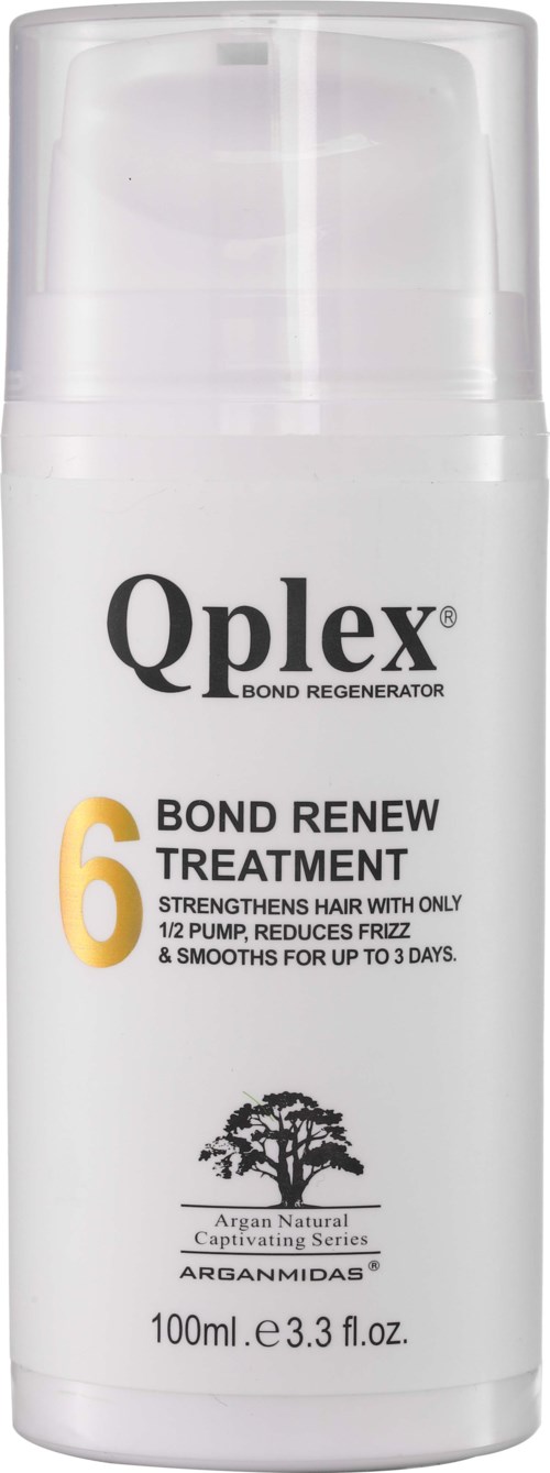 Eine weiße Flasche mit Qplex Bond Renew Treatment, enthält Arganöl, stärkt das Haar und reduziert Frizz.
