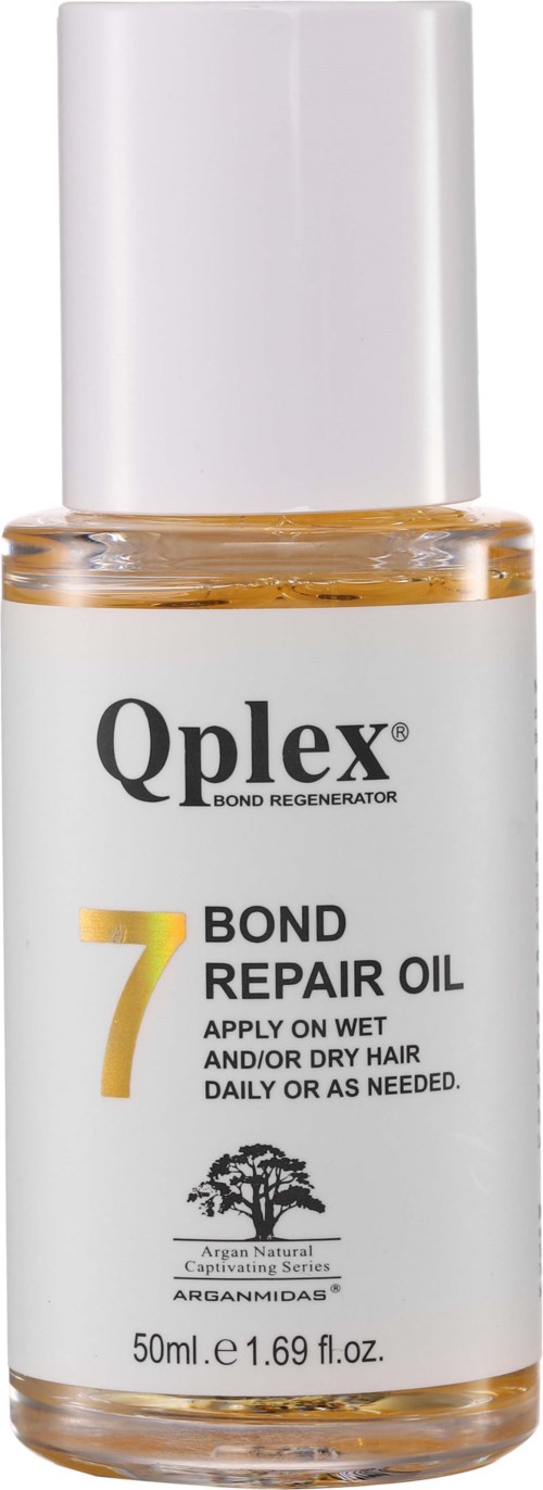 Pieni pullo bond repair oilia, jossa on valkoinen korkki ja kirkasta nestettä, merkiltään Qplex. Käytetään kostealle tai kuivalle hiukselle.