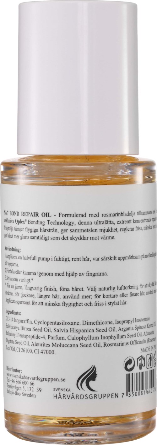 Pieni pullo hiustenhoitoöljyä, jossa valkoinen korkki ja etiketti, sisältää vaalean meripihkanväristä nestettä.