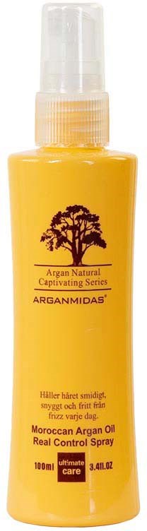 Yellow spray bottle with a black tree logo, labeled as Argan Natural Captivating Series, Moroccan Argan Oil.